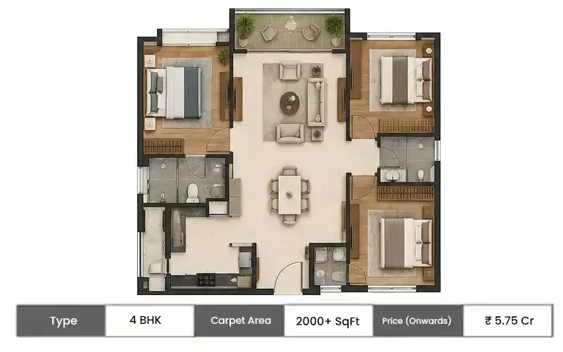 Godrej Manpada 4 BHK floor plan, 2000 sq ft carpet area